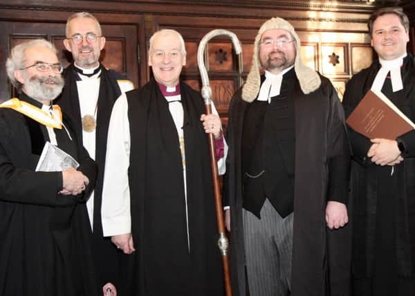 The Revd Robert Marshall, Dean Dermot Dunne, Archbishop Michael Jackson, Ciara´n Toland SC and the Revd Stephen Farrell at the installation of Ciara´n Toland as Diocesan Chancellor. Pic courtesy of United Dioceses of Dublin & Glendalough/Church of Ireland
