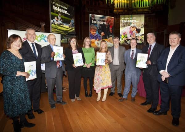 Organisers and speakers at the Learning City launch at the Main Hall, Guildhall, Derry. From left, Dolores Atkinson, Belfast LC, John Kelpie, CEO, DCSDC, Professor Alan Smith, Paul Haslam, DCSDC LC, Eimear Brophy, Limerick LC, Eilidh Patterson, singer/songwriter, Michele Murphy, DCSDC, Danny Power, Belfast LC, Dr. Malachy Oâ¬"Neill, UU Provost, Redmond McFadden, President, Londonderry Chamber of Commerce and Philip Oâ¬"Doherty, CEO, E&I Engineering.