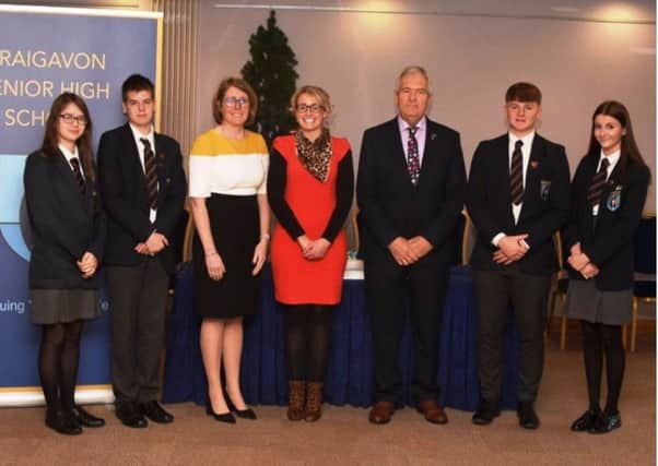 Guest speaker Mrs Susan Thompson along with Princpal Ruth Harkness, Chair of Board of Governors- Mr Marsahall Allen,  Head Boy and Head Girl from Portadown and Luragn campus. Sam Anderon, Molly Matchett, Weronika Mroz and Ashley Martin