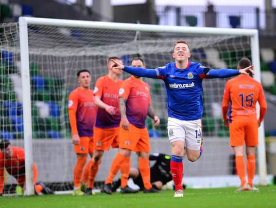 Shayne Lavery celebrates finding the net in Linfield's defeat of Glenavon