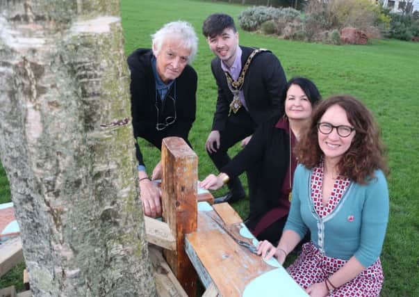 Pictured at the launch of The Dreamers Space exhibition and outdoor trail at Flowerfield Arts Centre are Chris Springhall, the Mayor of Causeway Coast and Glens Borough Council Sean Bateson, Cultural Services Development Manager Desima Connolly and artist-in-resident Corrina Askin