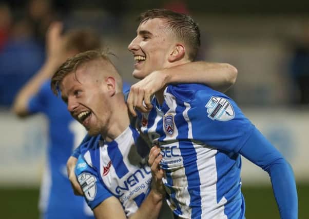Lyndon Kane celebrates with Alexander Gawne following the game's only goal as Coleraine defeated Cliftonville. Pic by Pacemaker.