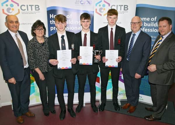 Ballymena Academy Students receiving 1st,2nd, 3rd place - Tom Heaney, Mrs Connor Deputy Prinicipal with Tim Bailie (3rd), Matthew Orr (1st) and Richard Carson (2nd) pictured with Mr Warwick, Ballymena Academ