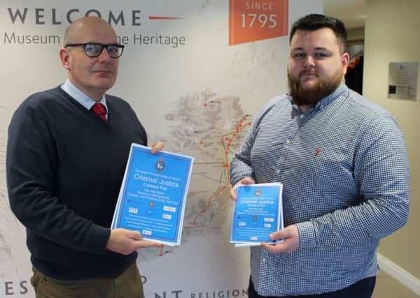 Chief Executive of the Grand Orange Lodge of Ireland Iain Carlisle and Youth Development Officer Gary McAllister pictured launching the Criminal Justice Careers Fair to be held at the Ballymena Showgrounds on Tuesday, February 11.