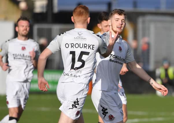 Jamie McGonigle kicked off the weekend scoring for Crusaders against Carrick Rangers. Pic by INPHO.
