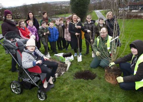 The Mayor of Derry City and Strabane District Council, Michaela Boyle, pictured at Brooke Park  with pupils from local primary schools - Rosemount, Model and St. Anne's, helping plant a Magnolia Merrill tree in celebration of the Council's success in the recent Tree of the Year competition. Included are Emma Barron, Parks Manager, DCSDC, and Brooke Park groundspersons Johnny Mitchell and Owen Watkins. At back are Mrs. Eilish McGuinness and Mrs. Aine Walsh, St. Anneâ¬"s PS and Mrs. Michelle Ramsey, Principal, Model PS. (Photos: Jim McCafferty Photography)