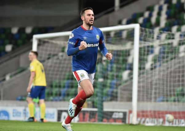 Andy Waterworth scored two goals for Linfield on Tuesday against Dungannon Swifts. Pic by Pacemaker.