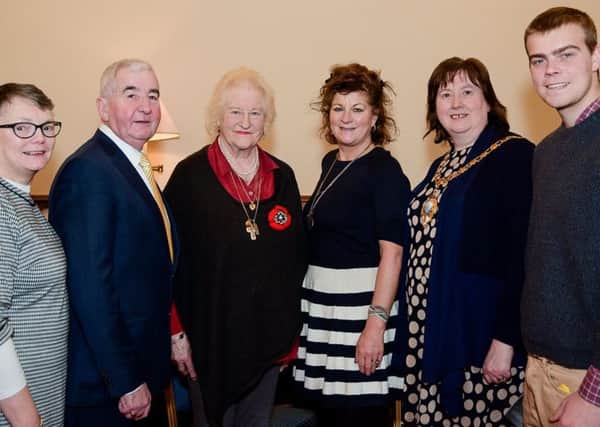 Daphne and Trevor Hassin, Lady Sarah Grylls, Lara Fawcett, the Mayor of Mid and East Antrim, Councillor Maureen Morrow and Bevan Fawcett.