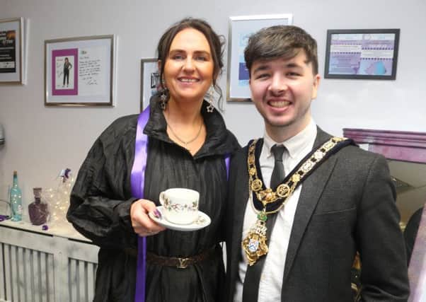 Pictured at the opening of Hidden Treasures and its collaboration with The Zachary Geddis Break The Silence Trust is the Mayor of Causeway Coast and Glens Borough Council Councillor Sean Bateson along with Louise Geddis