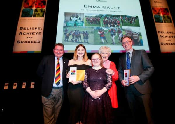 Mrs Joan Christie CVO OBE, Paul Dinsmore (Antrim Youth Information and Counselling Centre) with Emma Gault Young Volunteer (Clare Hares Disability Rugby Team) Sarah Gilmore and Ballyclare Rugby Club President Clifford Gilmore receiving their bursary awards.