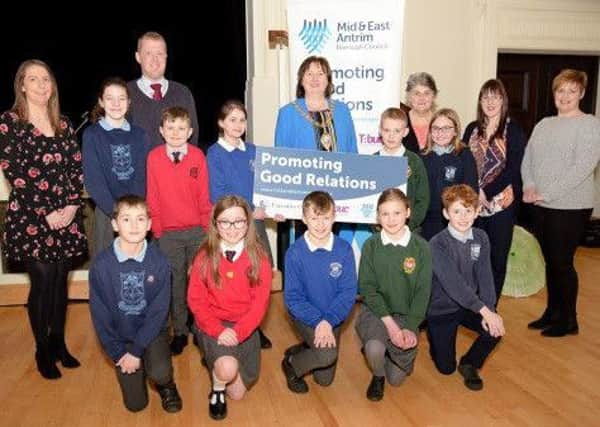 Schoolchildren from across the borough pictured with the Mayor at one of the Good Relations engagement programme  events