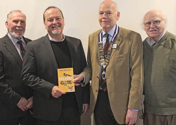 Derick Woods greets author Tony Macaulay, the first speaker for his year as Club President, with him are club members Graham Kane (L) and Ken Parkes (R)