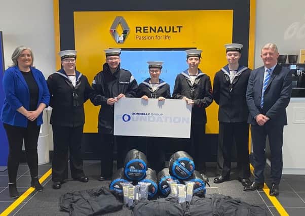 Ballymena Sea Cadets are among the first round of successful applicants to receive funding from the Donnelly Group Foundation.(L-R) Ruth Verner  Ballymena Sea Cadets, OC Jonas, Cadet Lee, Cadet Ana, OC Andrew, OC Jamie and Darren Gardiner  Donnelly and Taggart Ballymena.