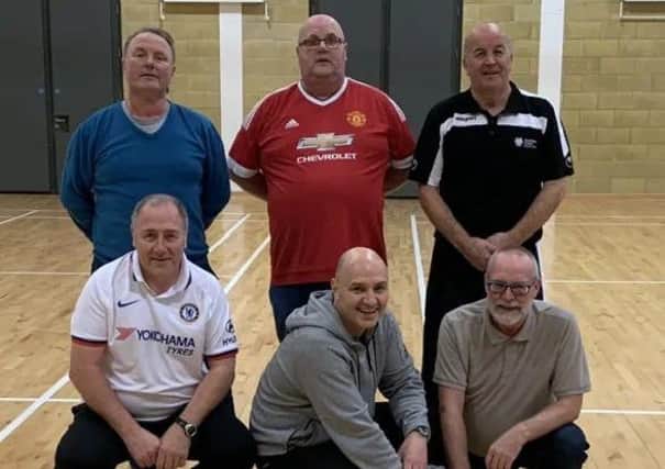Pictured during the first week of the Walking Football programme are Denver McMeekin, Robin Andrews, Cllr Rodney Quigley, Colin McMeekin and Council Community Sports Development Officer, Gary Boyd