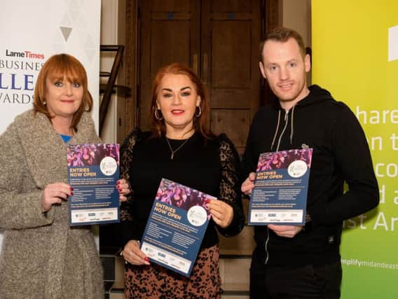 Lyn Kernohan, sales executive, Larne Times, Anne Donaghy, chief executive, Mid and East Antrim Council and Niall Curneen, Brighter Futures, general manager, Larne Football Club, at the launch of the Larne Times Business Excellence Awards in Larne Town Hall.