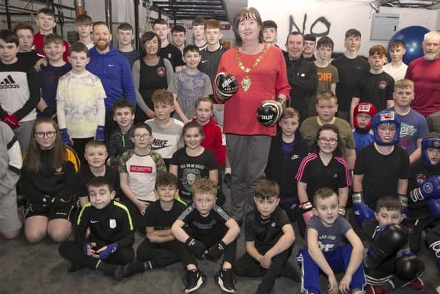 Mayor, Cllr Maureen Morrow along with members and coaches from Braid ABC Boxing Club