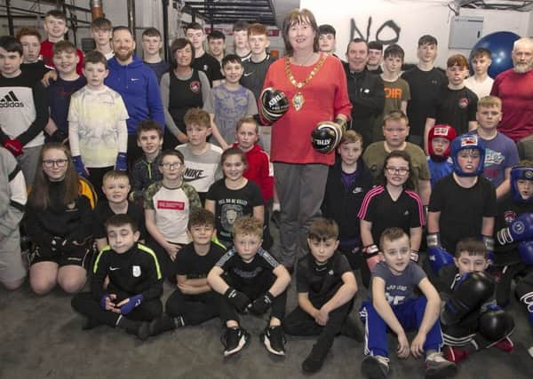 Mayor, Cllr Maureen Morrow along with members and coaches from Braid ABC Boxing Club