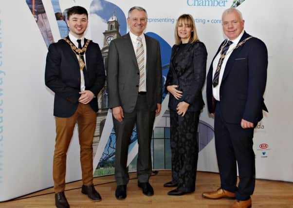 Causeway Chamber President David Boyd (right) welcomes guests to the President's Business lunch at the Royal Court Hotel in Portrush with (from left) Causeway Coast and Glens Council Mayor Cllr Sean Bateson, Kevin Holland CEO of Invest NI along with Chamber CEO Karen Yates