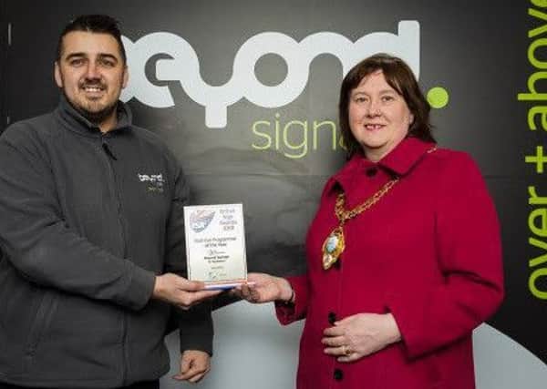 Mayor of Mid and East Antrim, Cllr Maureen Morrow, with Matt Burns from Beyond Signage
