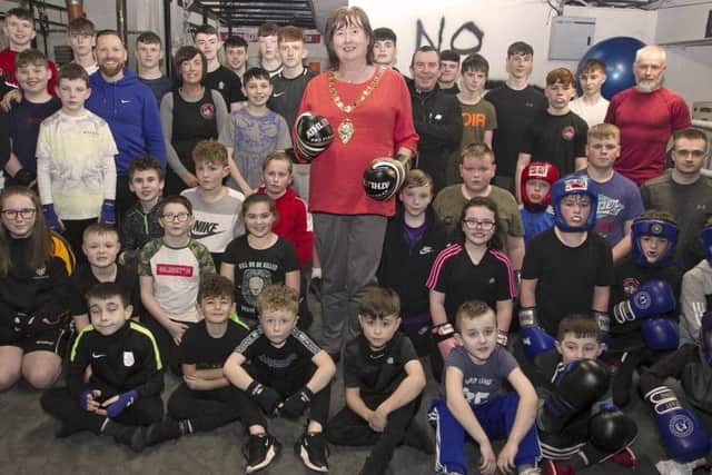 Mayor, Cllr Maureen Morrow along with members and coaches from Braid Boxing Club