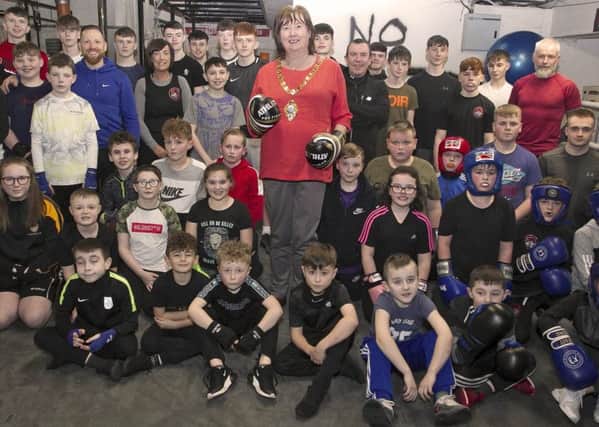 Mayor, Cllr Maureen Morrow along with members and coaches from Braid Boxing Club