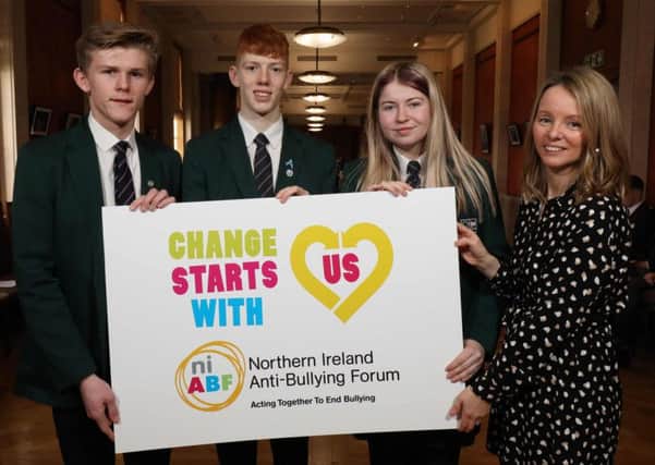New Bridge Integrated College students at the Anti-Bullying Forum - l-r) Matthew McClure, Kyle Martin and Nicki Browne from New-Bridge Integrated College, Loughbrickland, Banbridge with Gill Hassard, Senior Participation Officer at NCB, host of Northern Ireland Anti-Bullying Forum (NIABF).