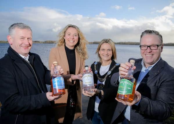 Pictured on the shores of Lough Neagh with the Lord Mayor of Armagh City, Banbridge and Craigavon, Councillor Mealla Campbell, are (from left) Lough Neagh Distillers Managing Director Max Hayes, Spirits Portfolio Director Sorcha Mulholland and Founder and Owner Vernon Fox.
Picture: Philip Magowan