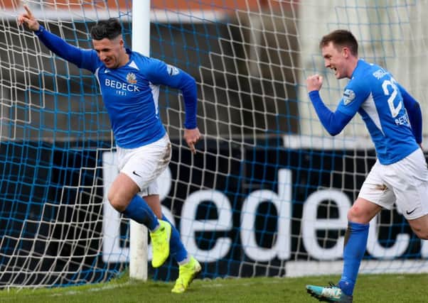 Danny Purkis heads off to celebrate his goal for Glenavon against Glentoran. Pic by INPHO.