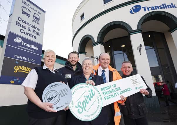 Pictured celebrating their achievement of Platinum status at the SPIRIT of Translink Facility Awards for Coleraine Bus & Rail Centre are L-R Translink's, Mairead Campbell, Keep Northern Ireland Beautiful's Jamie Miller, Translink's Joan Scally, David Simpson and Andy Bate