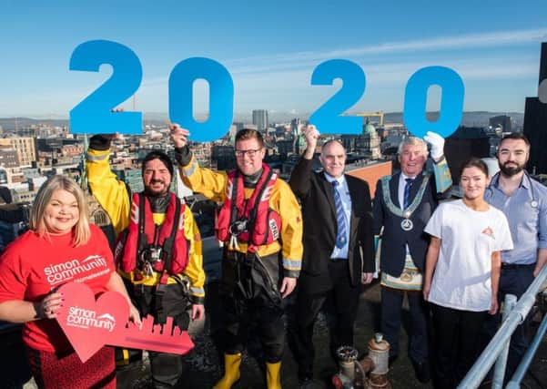 Pictured at the launch of the Grand Master's Vision 2020 Festival for the Provincial Grand Lodge of Antrim are (l-r) Joanne McAllister, Simon Community, Glen McMahon and John Bell, RNLI, Paul Harvey, Freemason, Provincial Grand Lodge of Antrim, Provinicial Grand Master, John McLernon, Provincial Grand Lodge of Antrim, Ruth Hanahoe, Major Gifts Managr, MSF and Dr Mark ,McNicol, MSF Infectious diseases