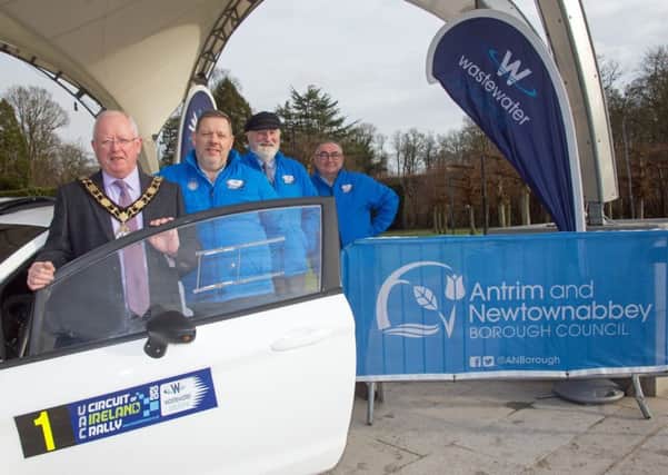 Wastewater Solutions Circuit of Ireland International Rally 2020 event launch in Antrim Castle Gardens. Left to right - Mayor of Antrim & Newtownabbey Borough Council Alderman John Smyth, Philip Johnston, Managing Director of Wastewater Solutions - title sponsors -  with Nigel Hughes, Clerk of the Course and Event Director, Graeme Stewart for the Easter event.