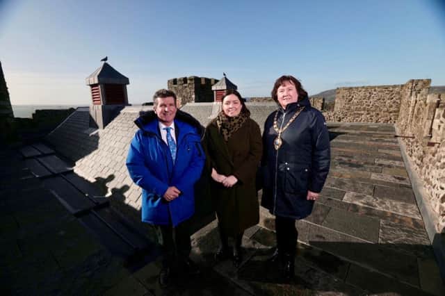Minister for Communities Deirdre Hargey was joined by the Mayor of Mid and East Antrim,  Councillor Maureen Morrow and Colum McNicholl, JPM Contracts Ltd, for the formal re-opening of the Great Tower at Carrickfergus Castle.
