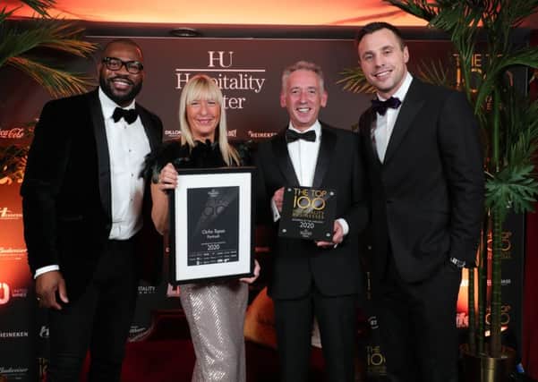 Trudy and Sean Brolly, Ocho Tapas Portrush pictured with England rugby player Ugo Monye and Ireland rugby star Tommy Bowe at the Hospitality Ulster Top 100 Hospitality Businesses Awards at the Crowne Plaza in Belfast
