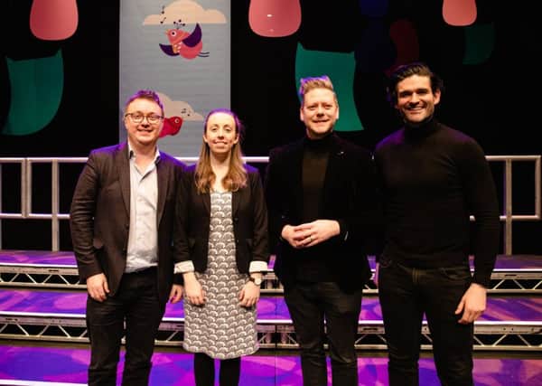 BBC Northern Ireland School Choir Of The Year judges, from left), Richard Yarr, Senior Classical Music Producer with BBC Northern Ireland; Lynsey Callaghan, Conductor of the Dublin Youth Choir; Ciaran Scullion, Head of Music with Arts Council of Northern Ireland, and Londonderry-born Tenor George Hutton