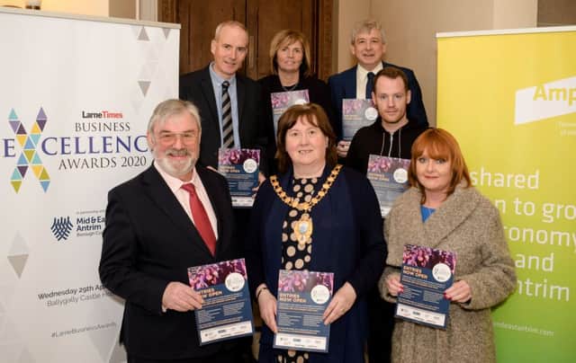 Launching the Larne Times Business Excellence Awards at Larne Town Hall are: (front, from left) Dr Norman Apsley, chair, LEDCOM, the Mayor of Mid and East Antrim Borough, Councillor Maureen Morrow, Niall Curneen, Brighter Futures, general manager Larne Football Club, and Lyn Kernohan,  sales executive, Larne Times; (back) Terry Ferry, Larne Times editorial, Judith Tweed, director, Islandmagee Energy and David Gillespie, general manager, LEDCOM.