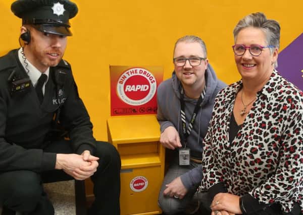PSNI Constable James Mullan, Andrew Miller from Start 360 and Ann McNickle from Causeway Rural and Urban Network (CRUN) pictured with the newly installed RAPID Bin which aims to remove prescription and illegal drugs from our streets and ultimately make the Borough a safer place