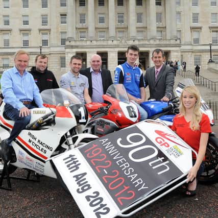 PACEMAKER, BELFAST, 14/6/2012: Ulster Grand Prix girl April Linton joins Clerk of the Course Noel Johnston, Minister Edwin Poots MLA and top road racers Brian Reid, William Dunlop, Bruce Anstey and Conor Cummins to launch the 2012 McKinstry Skip Hire Ulster Grand Prix at Stormont estate today. This is the 90th anniversary of the race and Bike Week will take place between 6-11 August.
PICTURE BY STEPHEN DAVISON