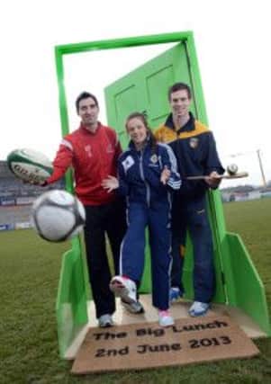 Ruan Pienaar from Ulster Rugby, Neil McManus Captain of Antrim Hurling Team and Northern Ireland Ladies International Soccer player Simone Magill, joined forces today at Ravenhill with Grainne McCloskey from the Big Lunch and Alison Fraser from the Big Lottery Fund to launch the Big Lunch 2013.