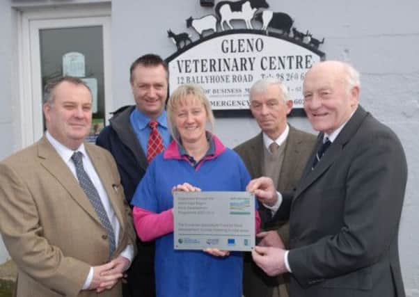 The Manager of the N.E. Region of the Rural Development Programme Andrew McAlister;  L.A.G. Director William Cross; L.A.G. Director Edwin Crawford,  L.A.G.and the Chairman of the North East Region Rural Development Programme Alderman Roy Beggs with Rosalind Booth of Gleno Veterinary Centre. INLT 09-327-PR
