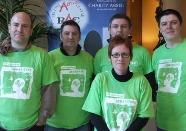 Ballymena Samaritans who took part in a sponsored abseil on 24 February at the Europa Hotel in Belfast, rom l-r Paul Alexander, Andrew Crossan, Robert McBride, Brendan Crosset with Allana Jackson.  Missing from the photo Kyra Herron.