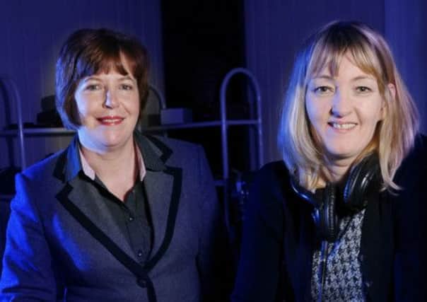 Gillian Mills, right, with Patricia Brennan of Ledcom, at the desk of her recording studio in Larne
27 February 2013
 CREDIT: LiamMcArdle.com