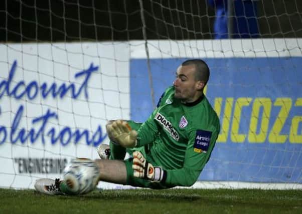 Derry City goalkeeper Gerard Doherty pictured saving Drogheda United's Gary O'Neill's first half penalty, during Monday night's Setanta Sports Cup tie, at Hunky Dorys Park. INPHO/Morgan Treacy