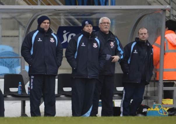 Glenn Ferguson and the Ballymena United bench pictured during Saturday's game against Glentoran. Picture: Press Eye.