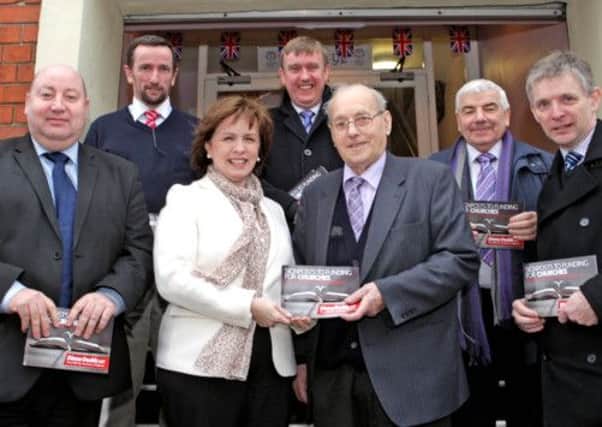 VISIT. MEP Diane Dodds, who visited the Ulster/Scots premises on Friday morning, pictured along with MLA Mervyn Storey, MLA Adrian McQuillan, Cllr George Duddy, Cllr Mark Fielding, Cllr Mark Duddy and Alderman Jim McClure.CR11-505SC.