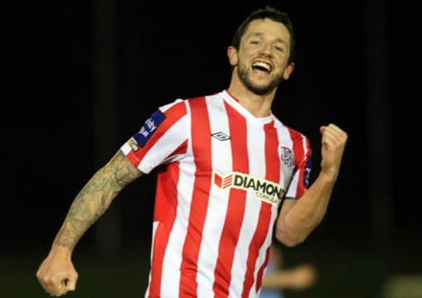 Derry City's Rory Patterson pictured celebrating after he completed his hat-trick, during their 6-0 win at UCD, on Friday night. Mandatory Credit ©INPHO/Shane Mooney