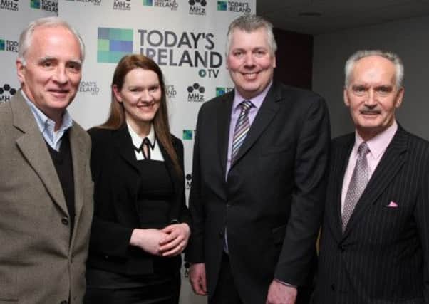 Londonderry Sentinel editor William Allen (Third from left), with  Founder & CEO of MHZ -Worldview Fred Thomas (left),  Mairead Ni Mhaoilehianin, managing director with Irishtv.ie and MHz - Worldview's UK & Ireland Representative Tony Culley-Foster, at the announcement in  Seagate, Springtown plant,  of the City of Cultures participation in Todays Ireland television which will broadcast in Washington DC and through the USA on the MHZ-Worldview Channel. INLS 1312-501MT.