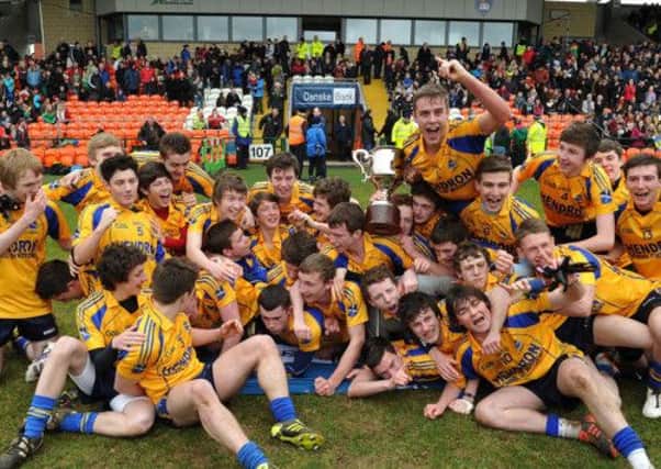 St Michael's Grammar School, Lurgan celebrate winning the Danske Bank MacLarnon Cup after defeating St Louis Grammar School, Kilkeel at the Athletic Grounds on Monday afternoon.           Picture: Conor Greenan
