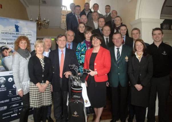 Tourism Minister Arlene Foster joins Christopher Brooke (Galgorm Castle Golf Club) and sponsors of the forth coming Northern Ireland Open Challenge; photographed at the official launch in Galgorm Manor. INBT 13-811H