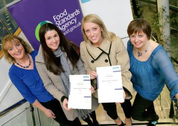 Pictured at the Diploma presentation ceremony are Ruth Balmer (Food Standards Agency), Cathy Tracey (Dungannon Academy), Claire Murphy (St Pius X College, Magherafelt), and Jennifer McBratney (Public Health Agency). INTT1213-055X
