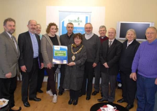The core organising group at the launch of Larne Foodbank with Larne Mayor Gerardine Mulvenna. INLT 13-352-PR
